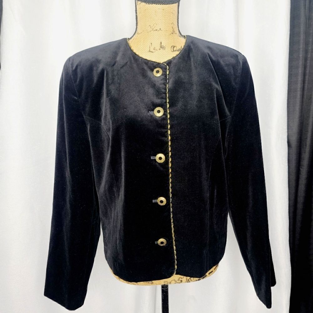 Vintage 90s Wednesday Black Goth Velvet Gold Trim Cocktail Blazer